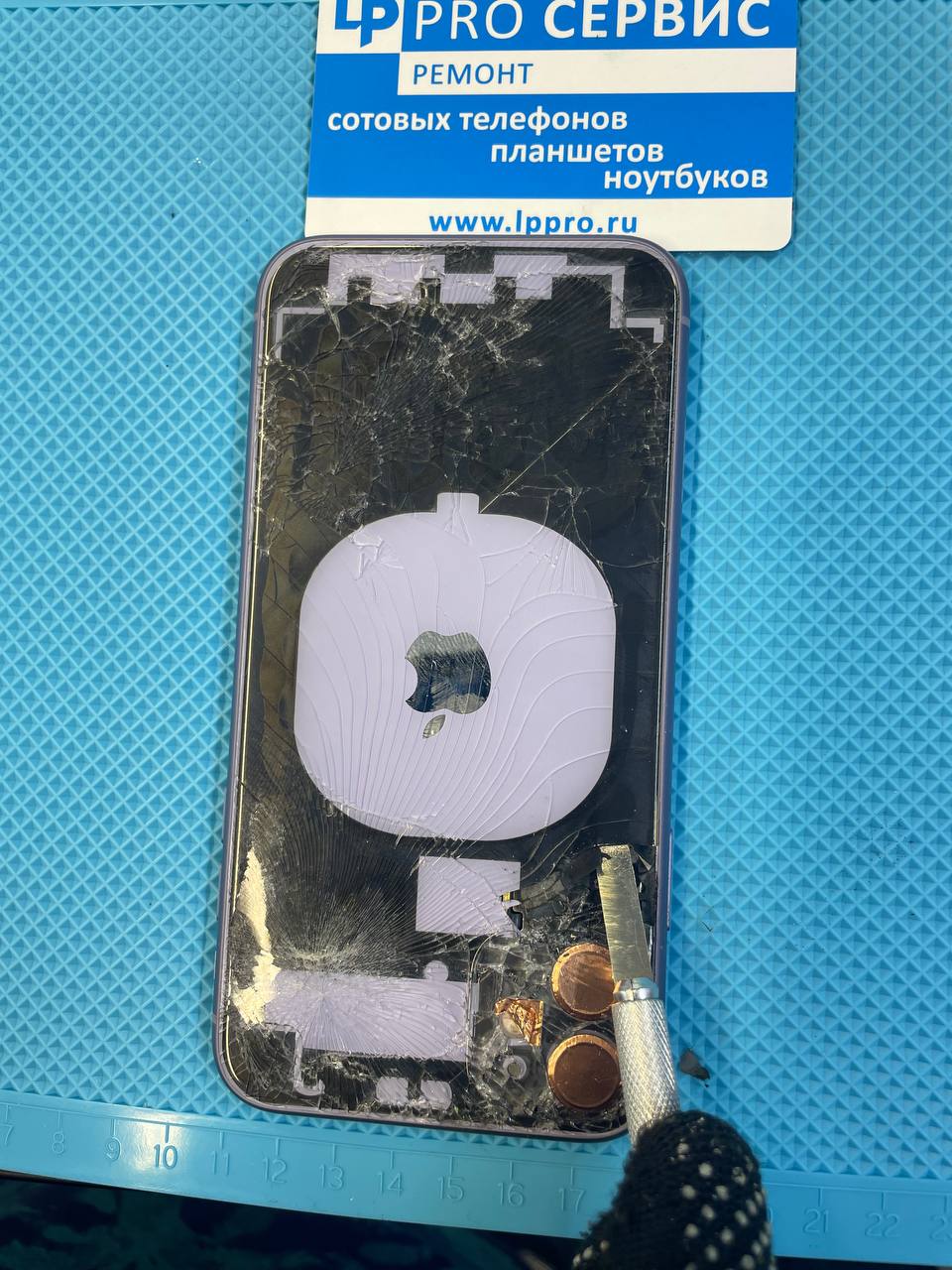 Снимает старое разбитое стекол iPhone 11 и зачищает заднюю поверхность корпуса.